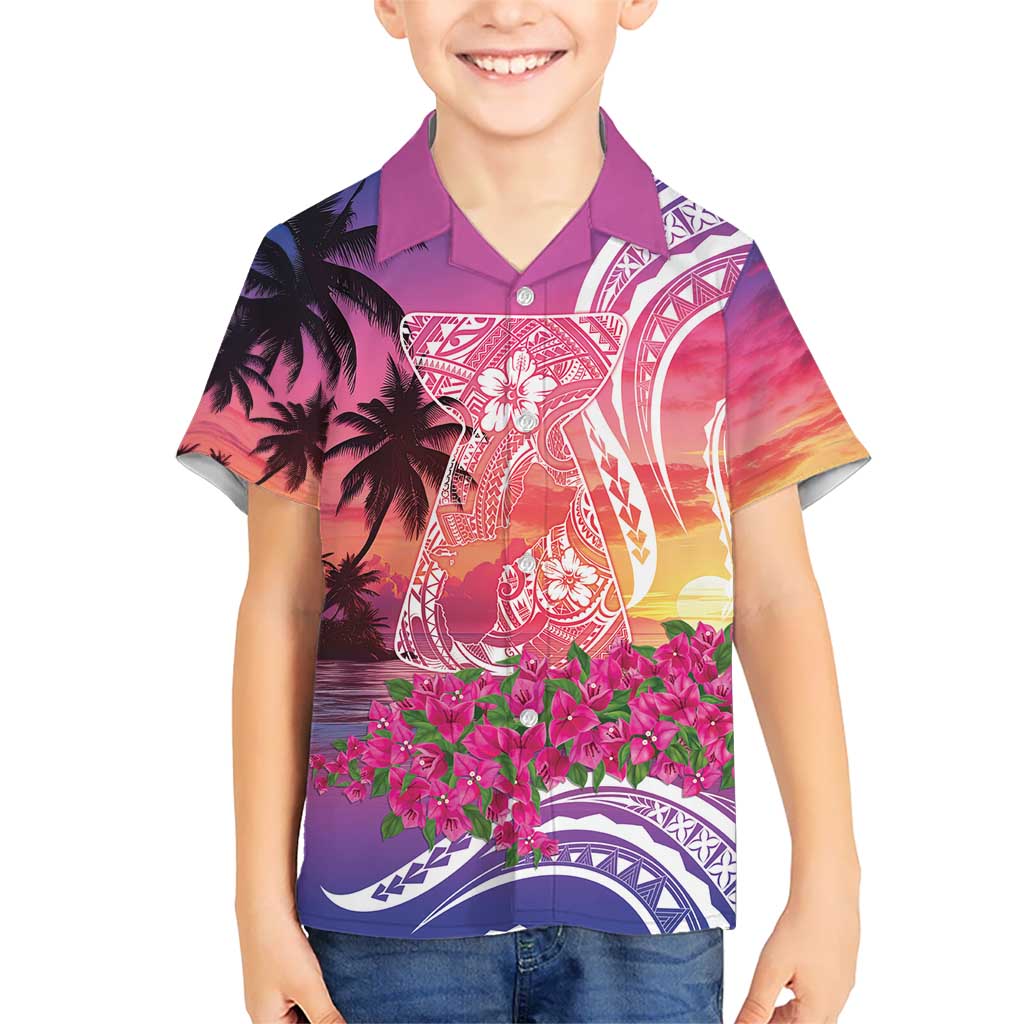 Guam Latte Stone with Map Kid Hawaiian Shirt Bougainvillea Beach Sunset