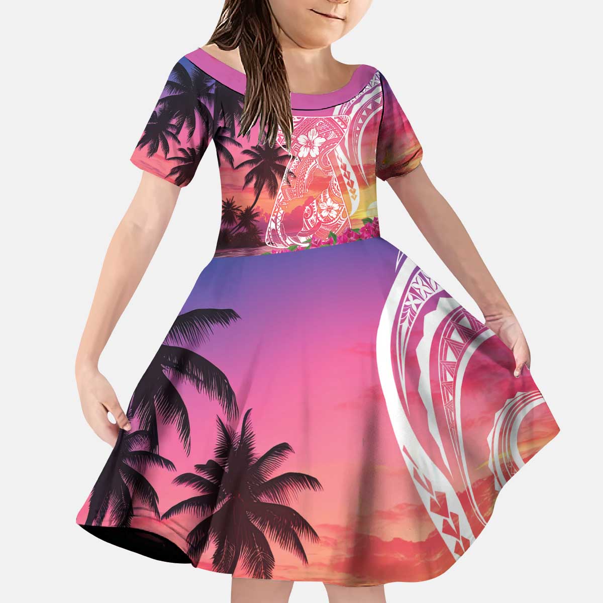 Guam Latte Stone with Map Kid Short Sleeve Dress Bougainvillea Beach Sunset