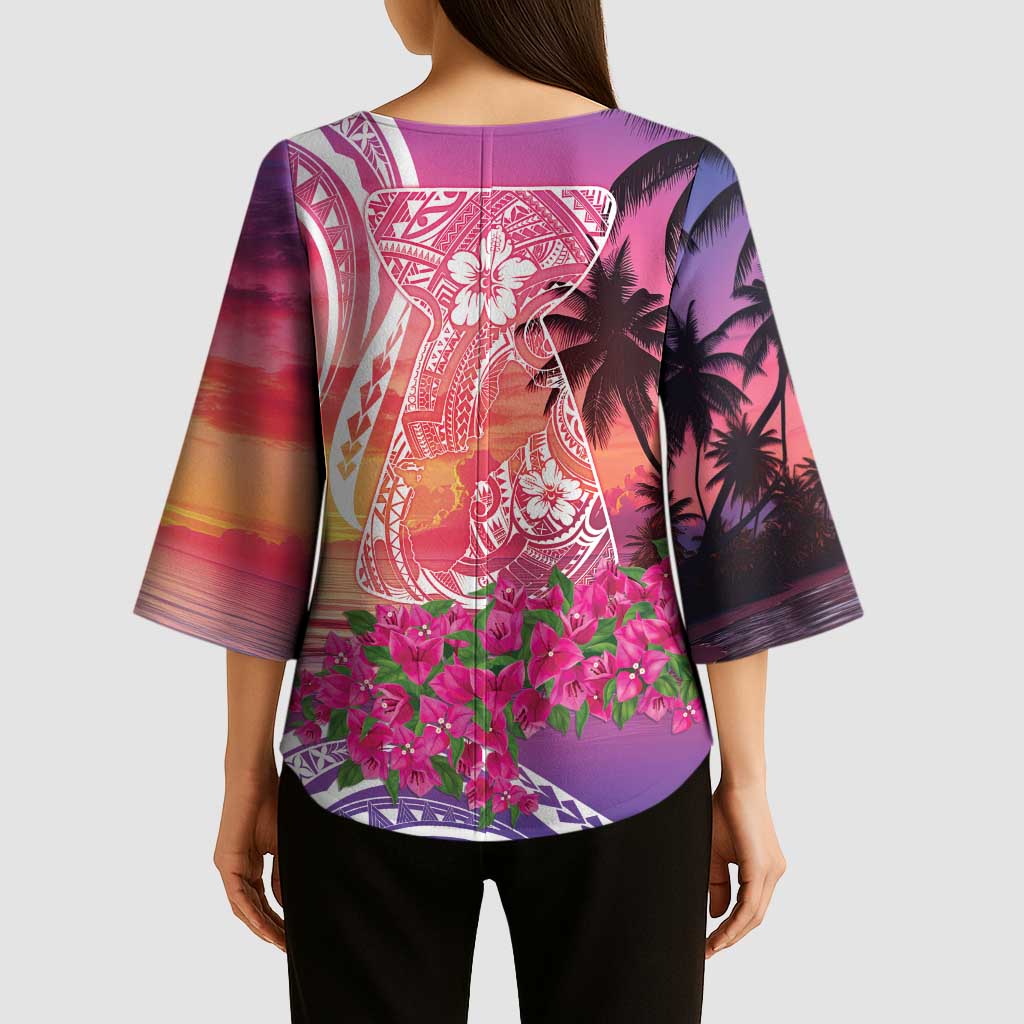 Guam Latte Stone with Map Kimono Sleeve Blouse Bougainvillea Beach Sunset - Polynesian Pride
