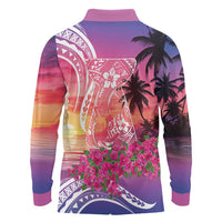Guam Latte Stone with Map Long Sleeve Polo Shirt Bougainvillea Beach Sunset