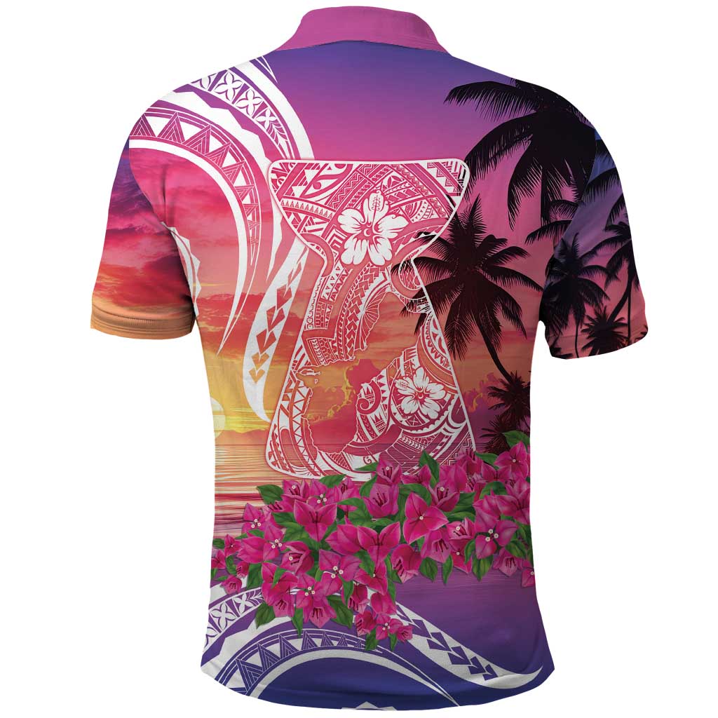 Guam Latte Stone with Map Polo Shirt Bougainvillea Beach Sunset
