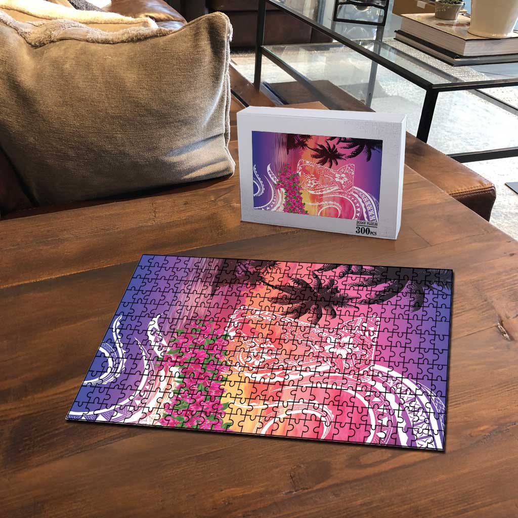 Guam Latte Stone with Map Puzzle Bougainvillea Beach Sunset - Polynesian Pride