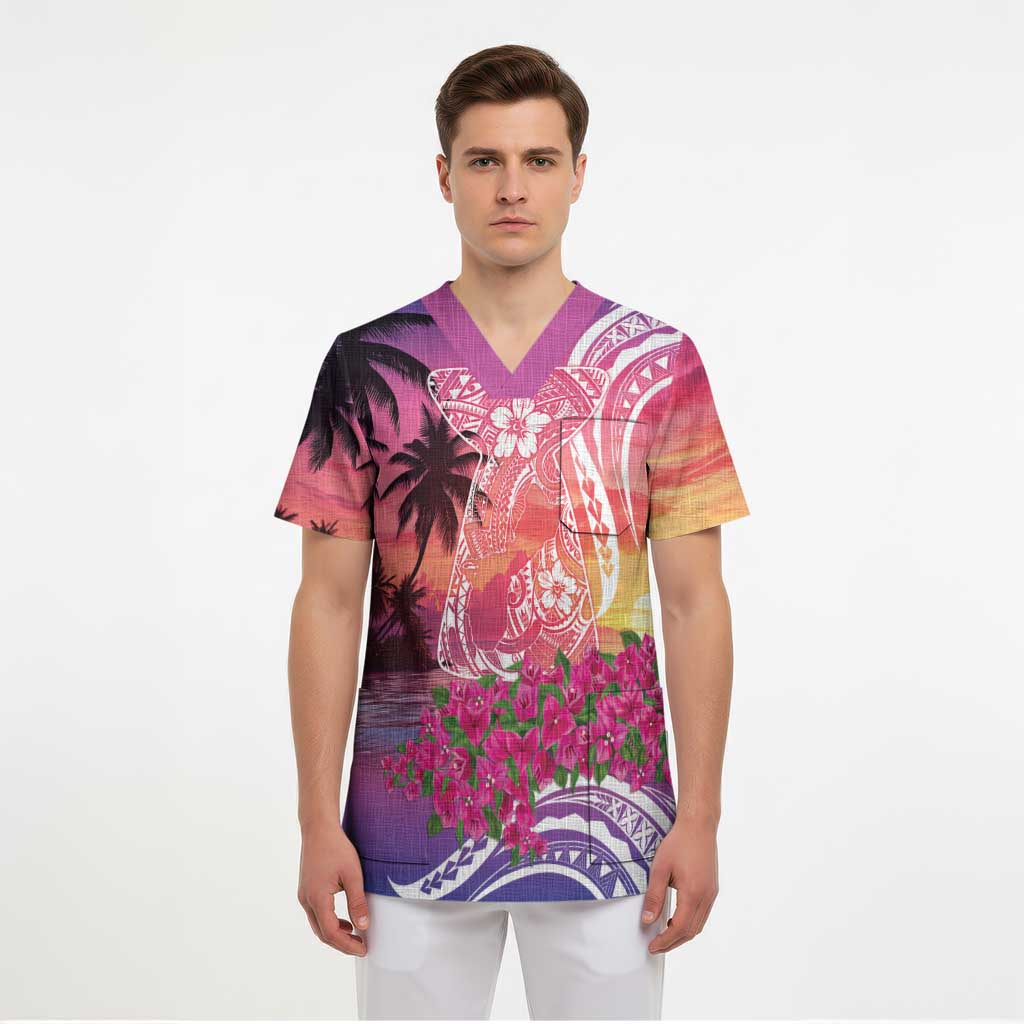 Guam Latte Stone with Map Scrub Top Bougainvillea Beach Sunset - Polynesian Pride