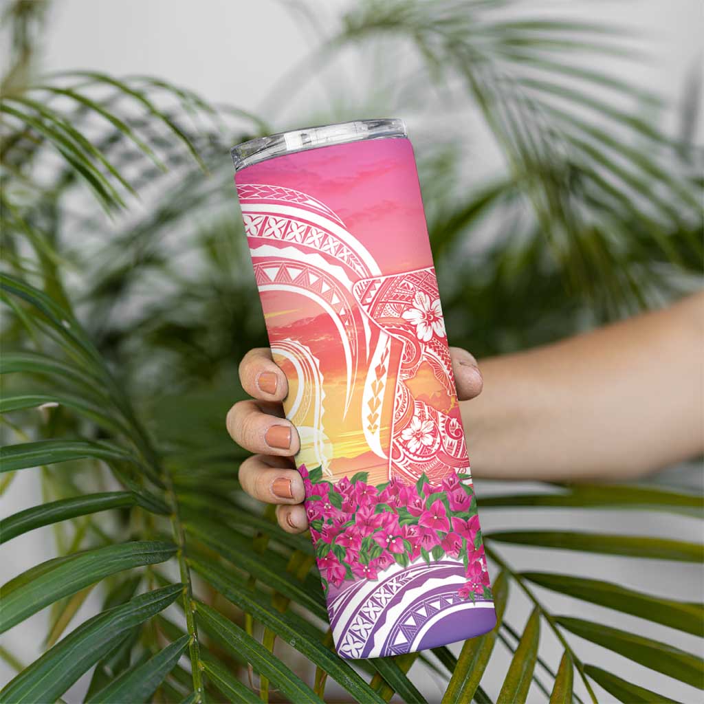 Guam Latte Stone with Map Skinny Tumbler Bougainvillea Beach Sunset