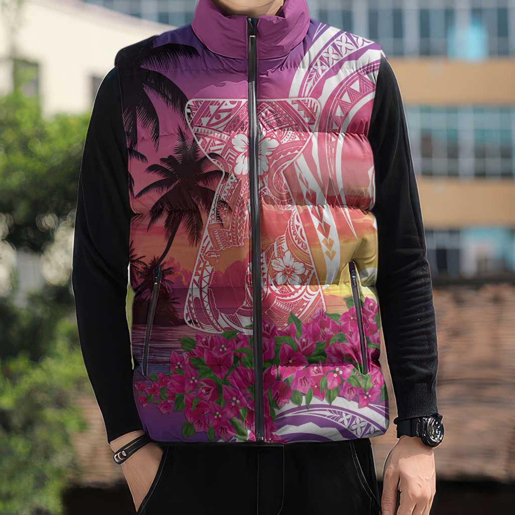 Guam Latte Stone with Map Sleeveless Puffer Jacket Bougainvillea Beach Sunset - Polynesian Pride