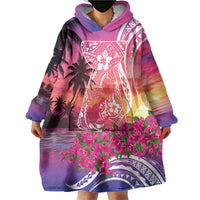 Guam Latte Stone with Map Wearable Blanket Hoodie Bougainvillea Beach Sunset