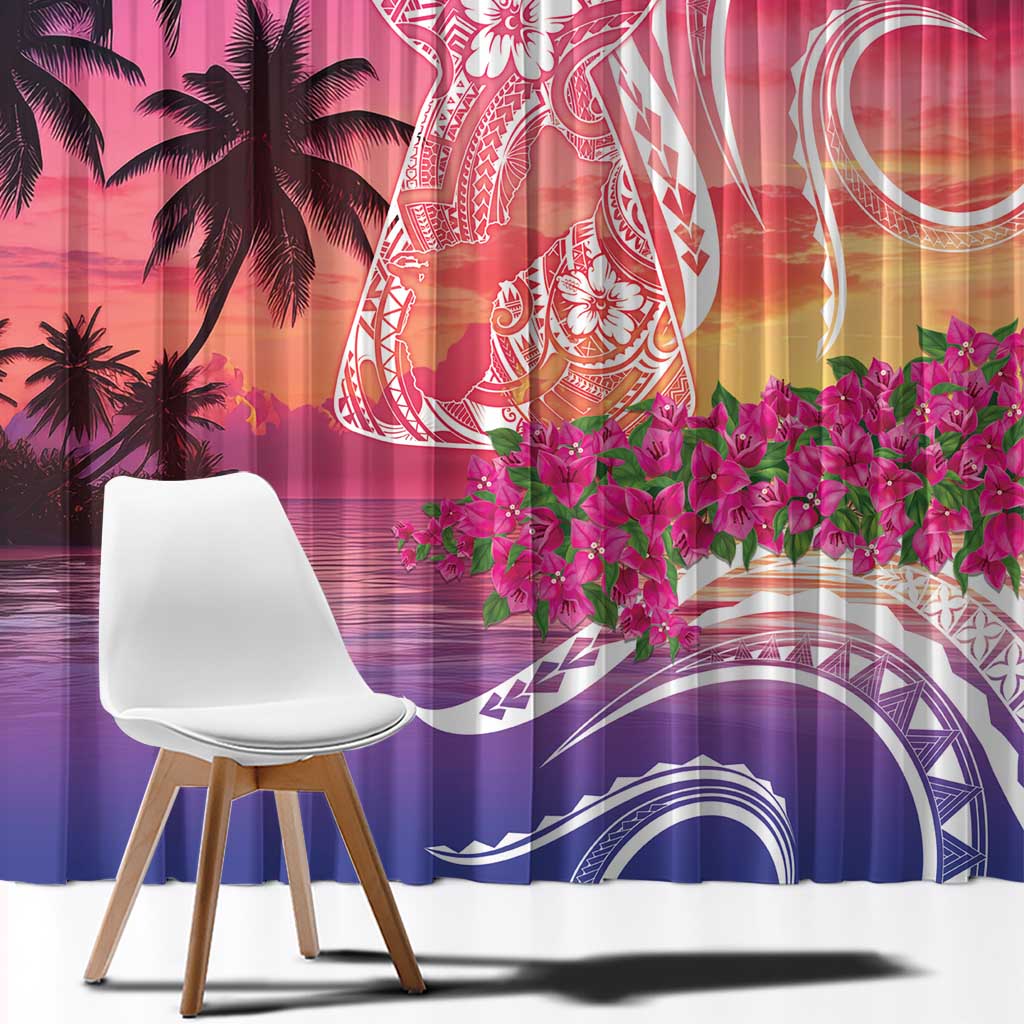 Guam Latte Stone with Map Window Curtain Bougainvillea Beach Sunset