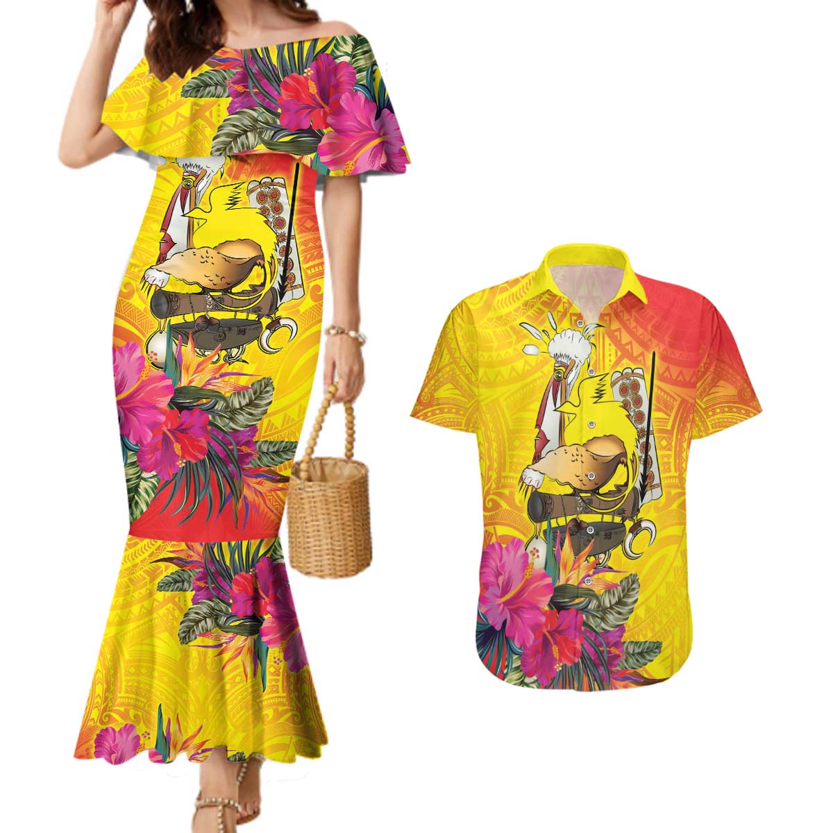 Papua New Guinea Cultural Tropical Flowers Couples Matching Mermaid Dress and Hawaiian Shirt