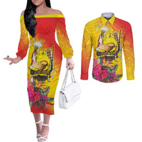 Papua New Guinea Cultural Tropical Flowers Couples Matching Off The Shoulder Long Sleeve Dress and Long Sleeve Button Shirt