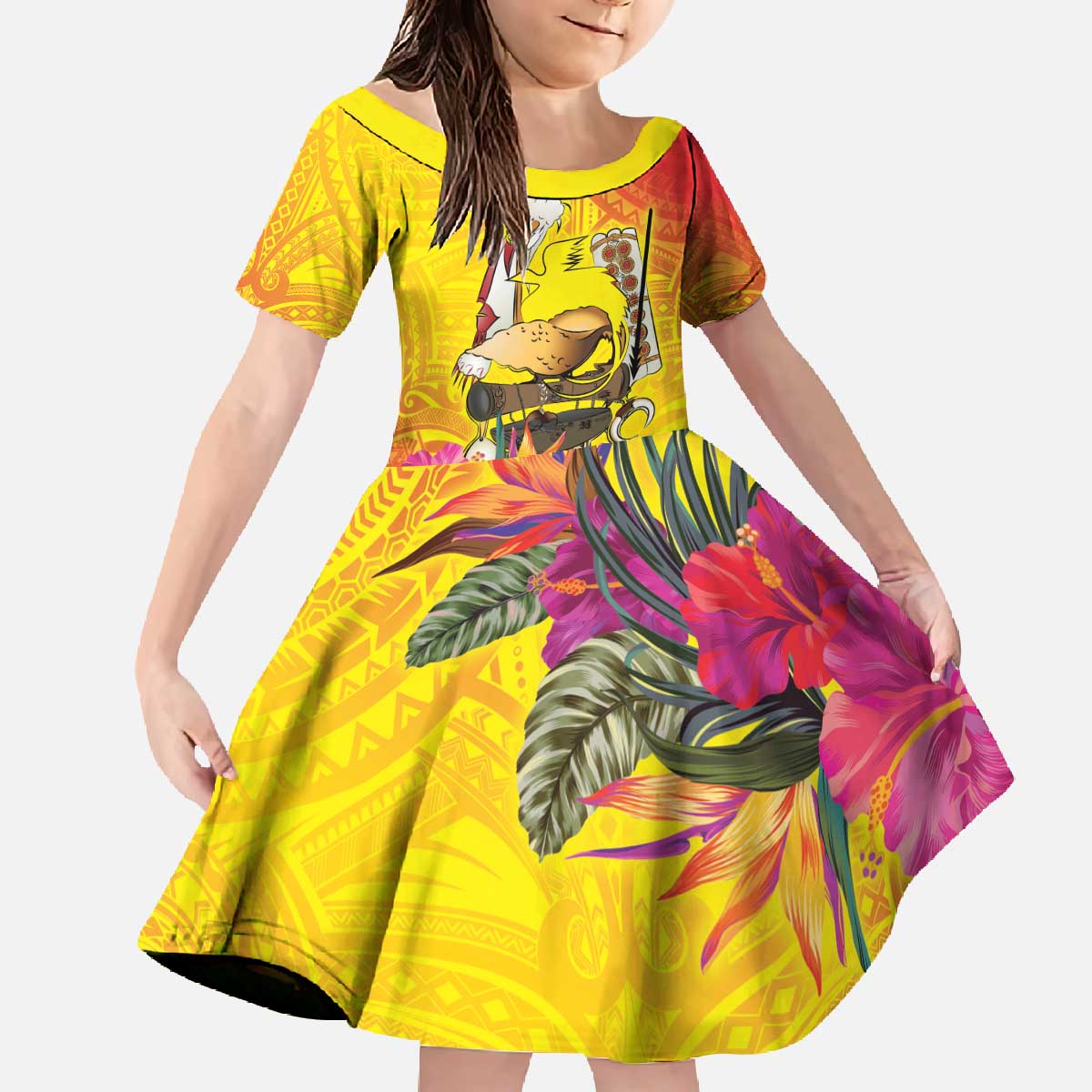 Papua New Guinea Cultural Tropical Flowers Family Matching Off The Shoulder Long Sleeve Dress and Hawaiian Shirt LT9 Daughter's Dress Gold - Polynesian Pride