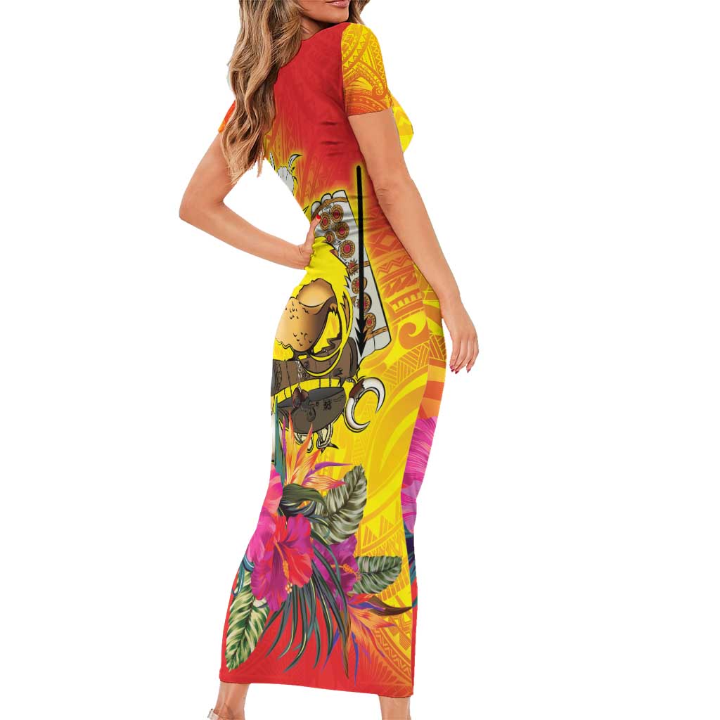 Papua New Guinea Cultural Tropical Flowers Family Matching Short Sleeve Bodycon Dress and Hawaiian Shirt