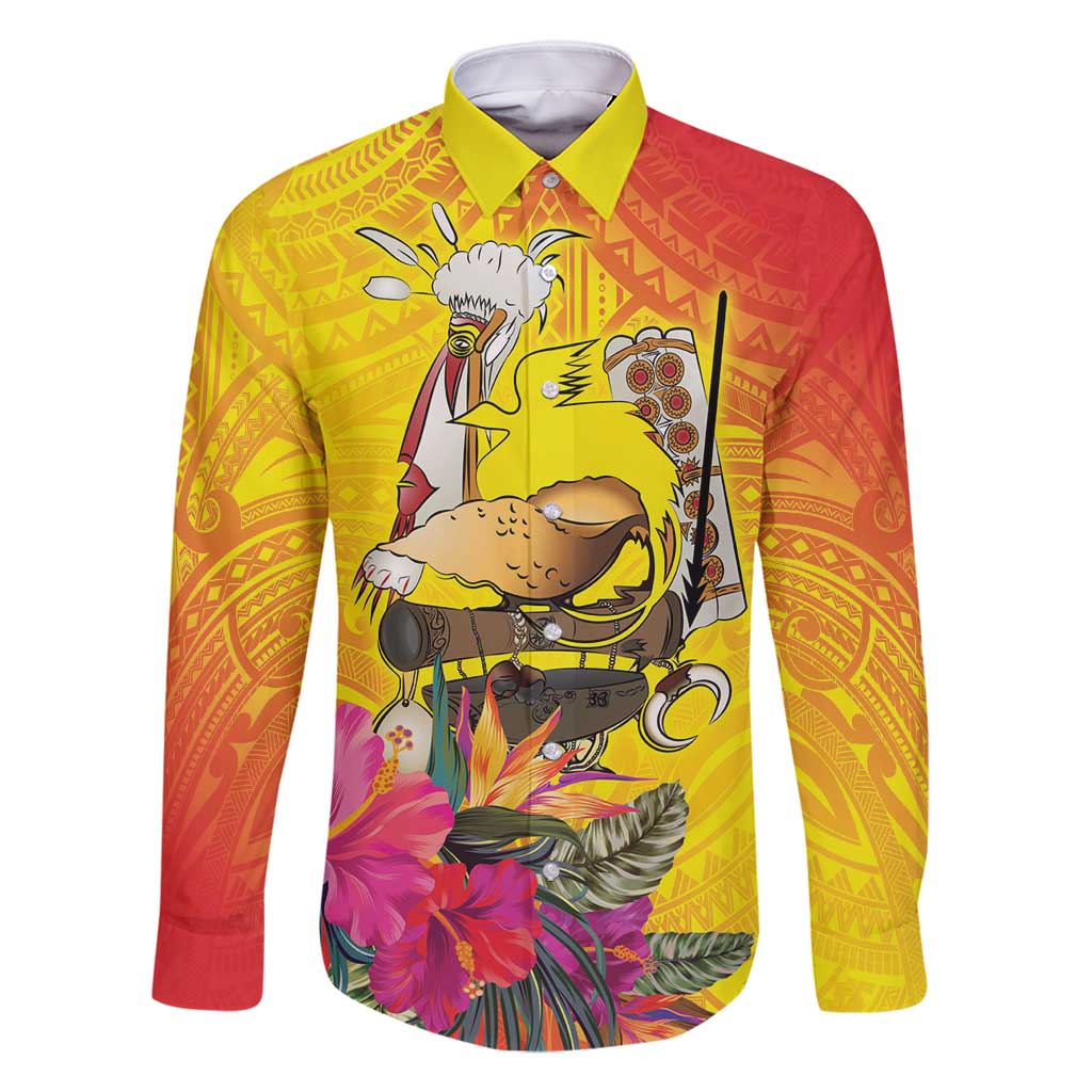 Papua New Guinea Cultural Tropical Flowers Family Matching Summer Maxi Dress and Hawaiian Shirt LT9 Dad's Shirt - Long Sleeve Gold - Polynesian Pride