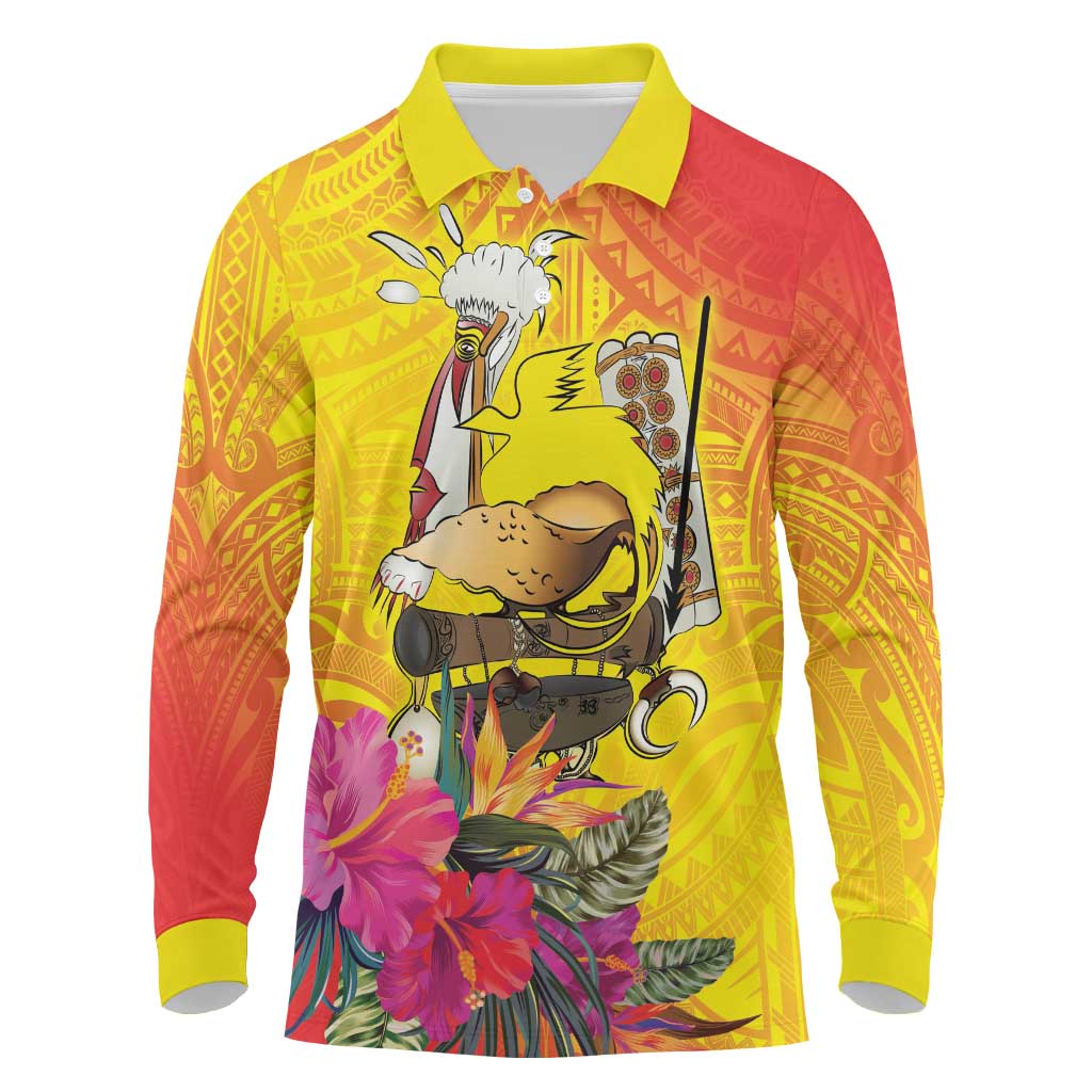 Papua New Guinea Cultural Tropical Flowers Long Sleeve Polo Shirt LT9 Gold - Polynesian Pride