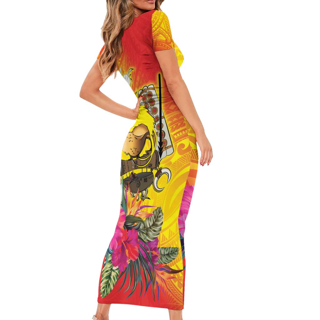 Papua New Guinea Cultural Tropical Flowers Short Sleeve Bodycon Dress