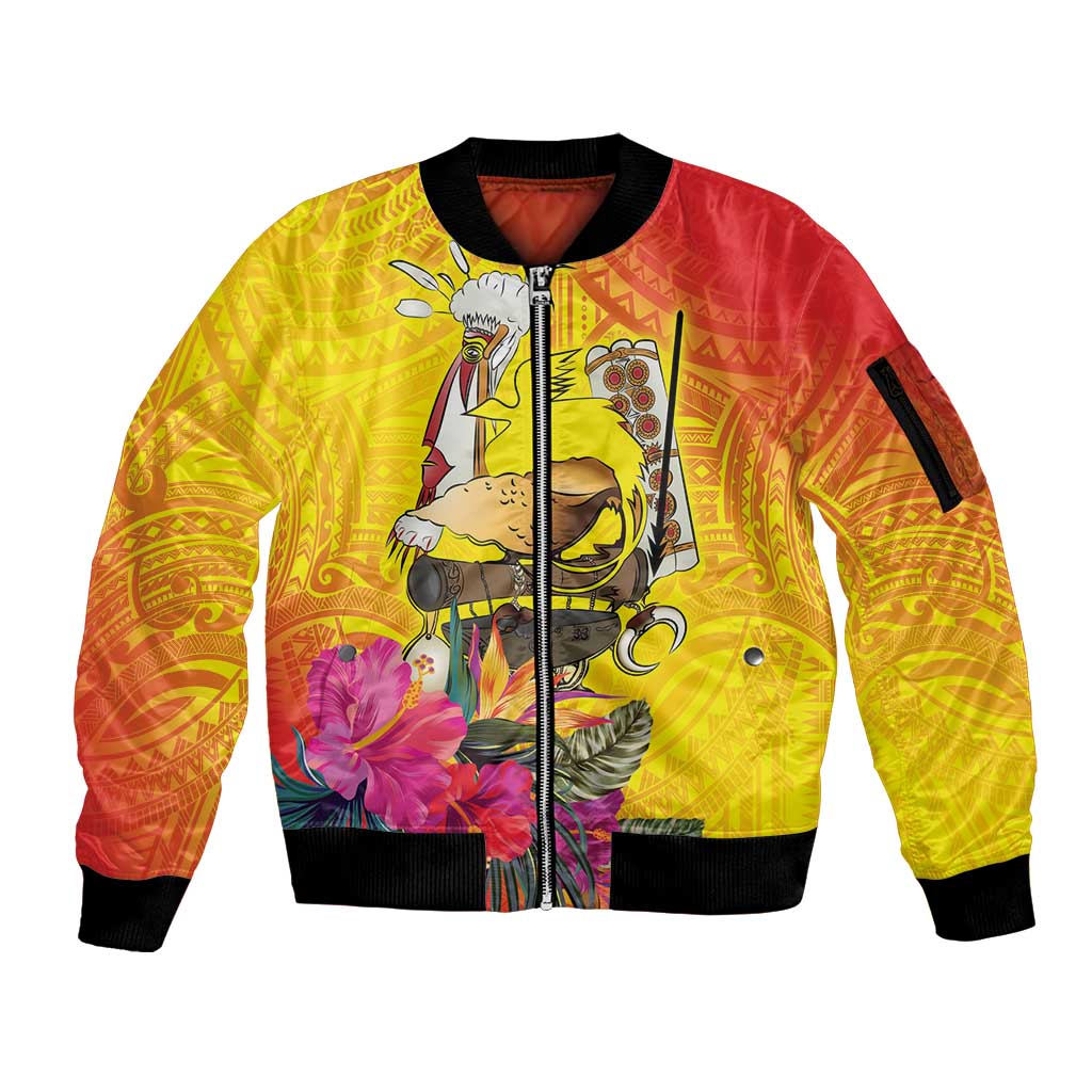 Papua New Guinea Cultural Tropical Flowers Sleeve Zip Bomber Jacket LT9 Unisex Gold - Polynesian Pride