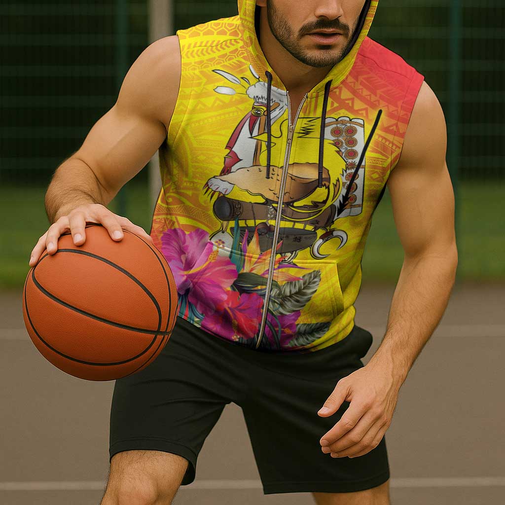 Papua New Guinea Cultural Tropical Flowers Sleeveless Zip Hoodie - Polynesian Pride