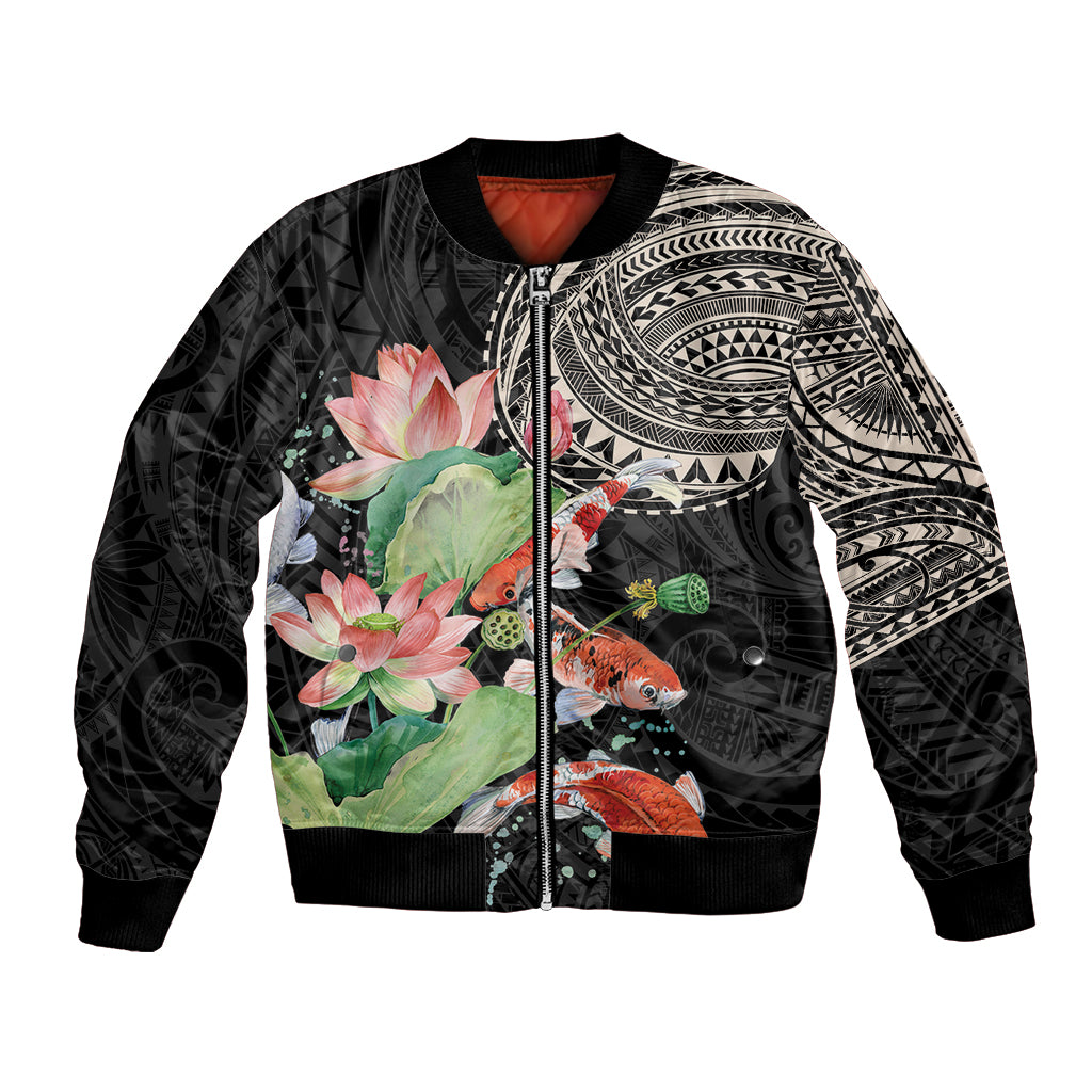 Personalized Japanese Koi Fish Bomber Jacket with Polynesian Pattern