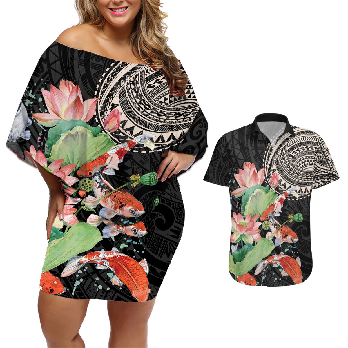 Personalized Japanese Koi Fish Couples Matching Off Shoulder Short Dress and Hawaiian Shirt with Polynesian Pattern LT9 Black - Polynesian Pride