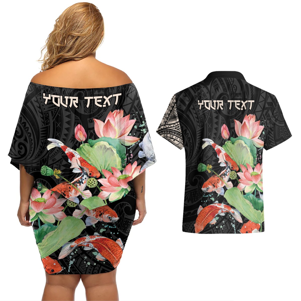 Personalized Japanese Koi Fish Couples Matching Off Shoulder Short Dress and Hawaiian Shirt with Polynesian Pattern LT9 - Polynesian Pride