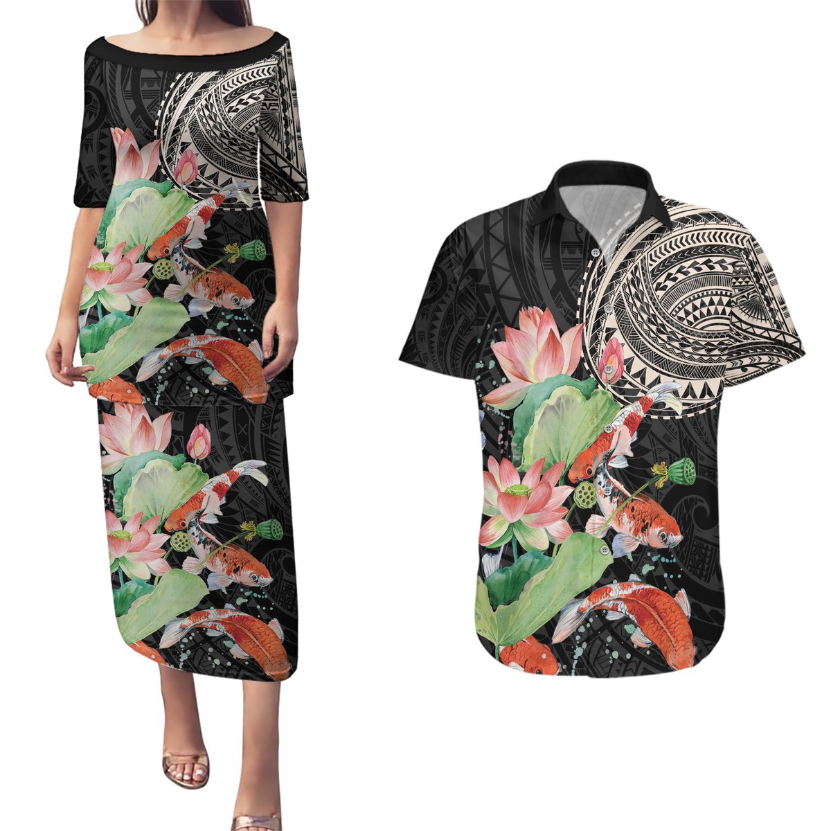 Personalized Japanese Koi Fish Couples Matching Puletasi and Hawaiian Shirt with Polynesian Pattern LT9 Black - Polynesian Pride