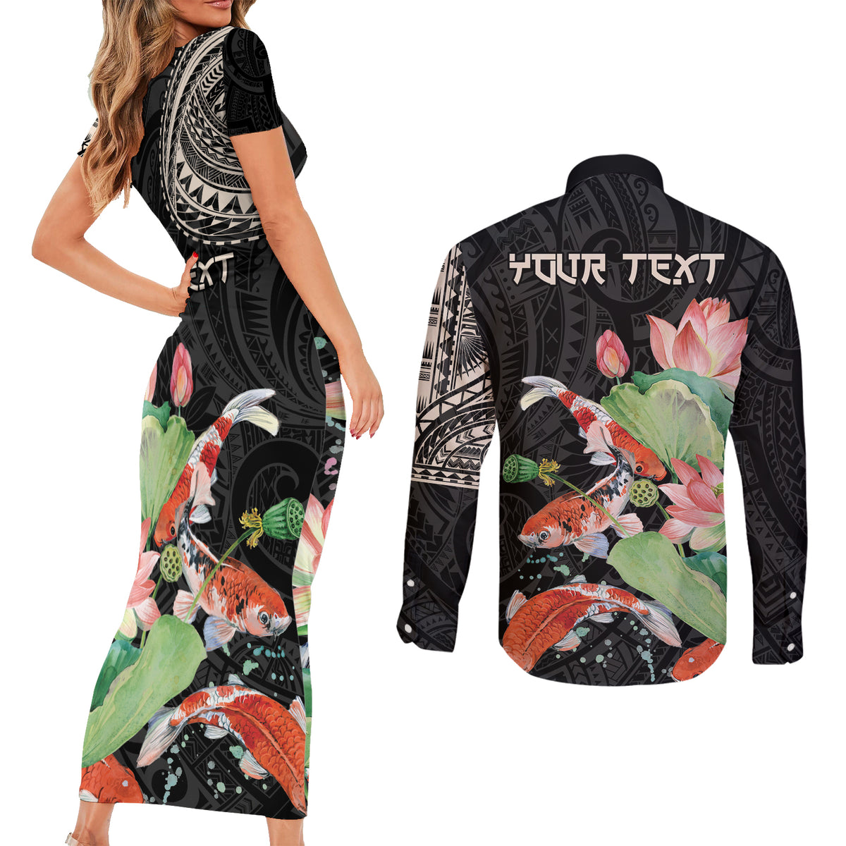 Personalized Japanese Koi Fish Couples Matching Short Sleeve Bodycon Dress and Long Sleeve Button Shirt with Polynesian Pattern