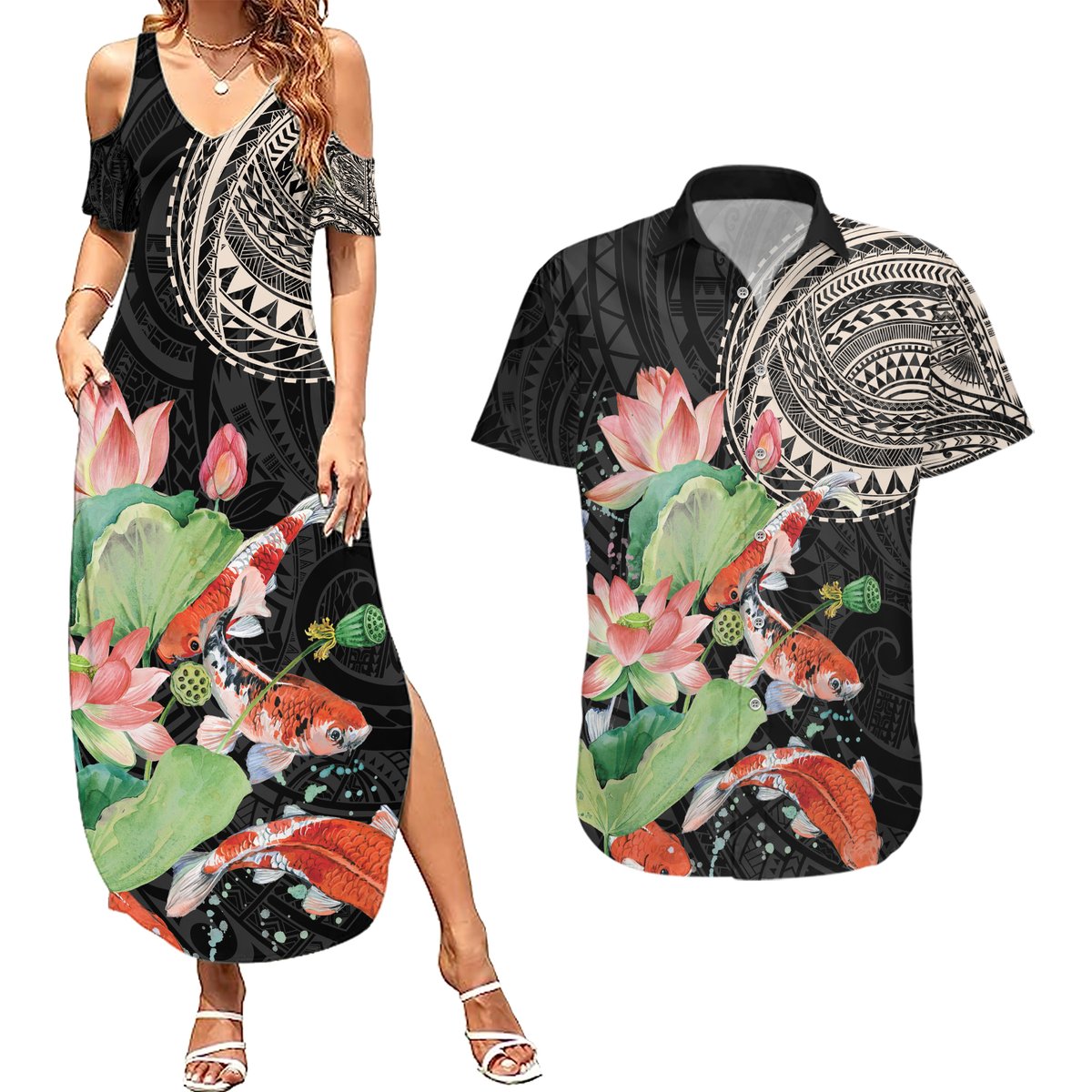 Personalized Japanese Koi Fish Couples Matching Summer Maxi Dress and Hawaiian Shirt with Polynesian Pattern