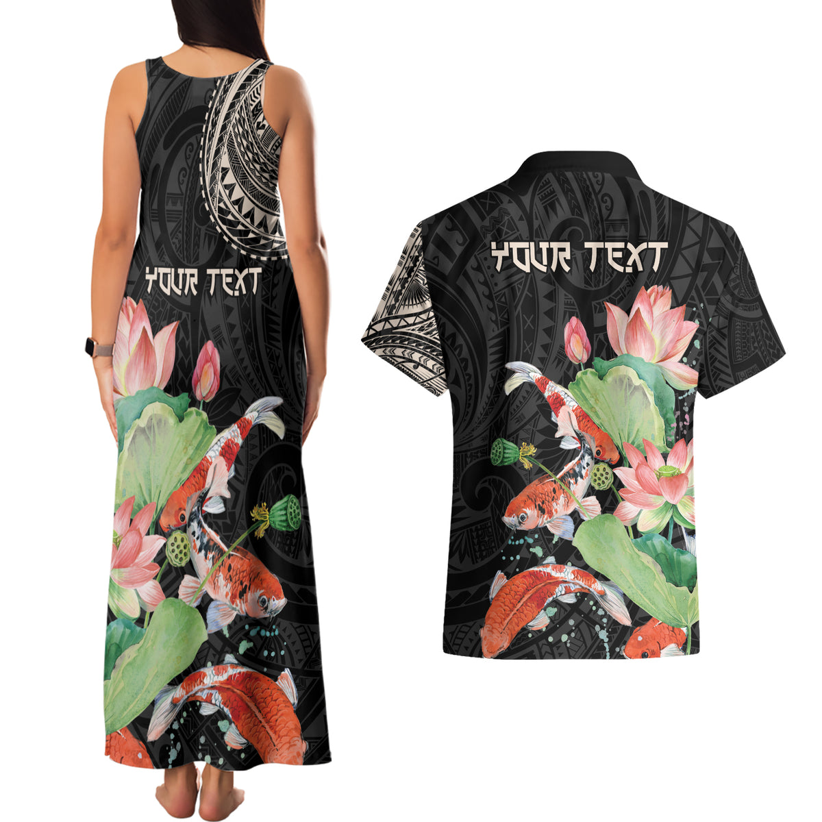 Personalized Japanese Koi Fish Couples Matching Tank Maxi Dress and Hawaiian Shirt with Polynesian Pattern LT9 - Polynesian Pride