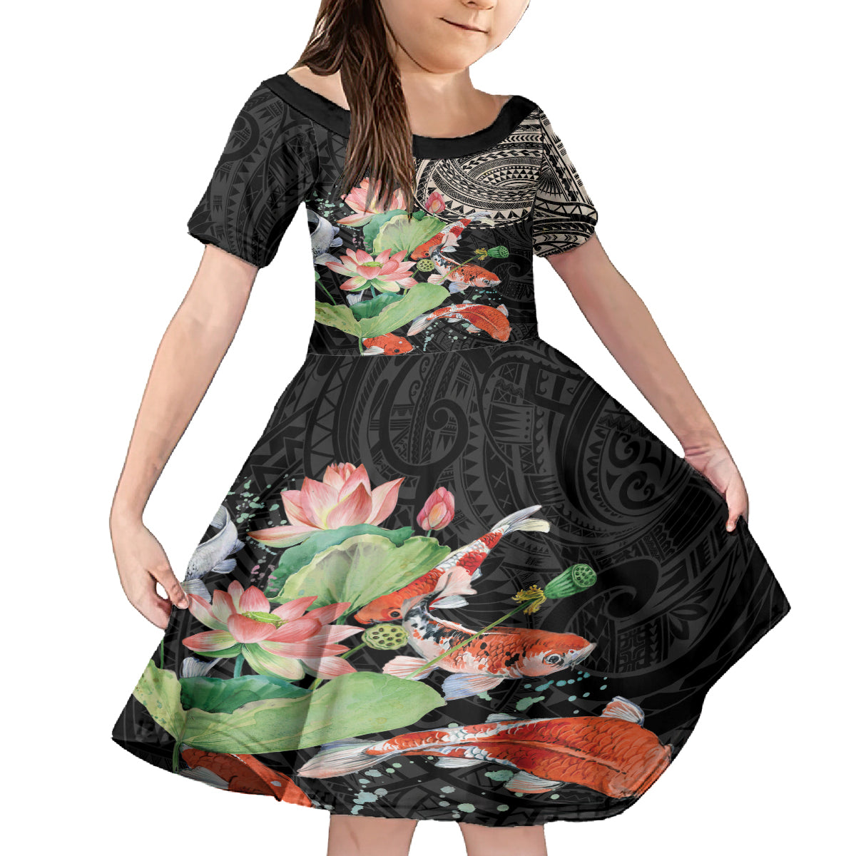 Personalized Japanese Koi Fish Kid Short Sleeve Dress with Polynesian Pattern