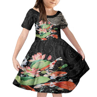 Personalized Japanese Koi Fish Kid Short Sleeve Dress with Polynesian Pattern