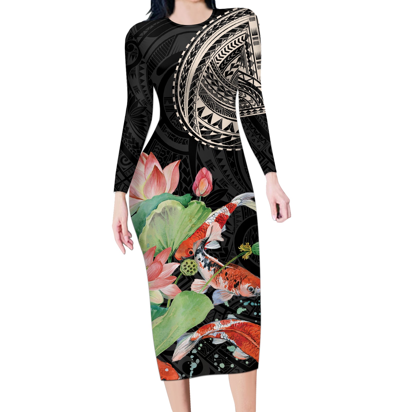 Personalized Japanese Koi Fish Long Sleeve Bodycon Dress with Polynesian Pattern LT9 Long Dress Black - Polynesian Pride