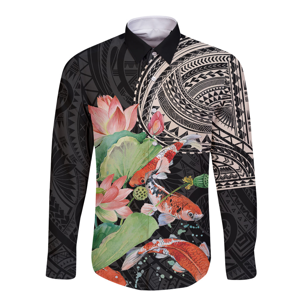 Personalized Japanese Koi Fish Long Sleeve Button Shirt with Polynesian Pattern LT9 Unisex Black - Polynesian Pride