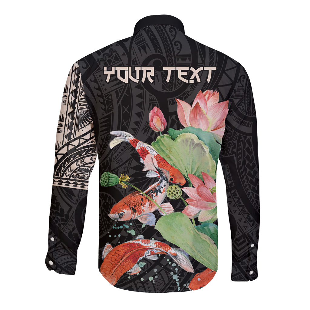 Personalized Japanese Koi Fish Long Sleeve Button Shirt with Polynesian Pattern