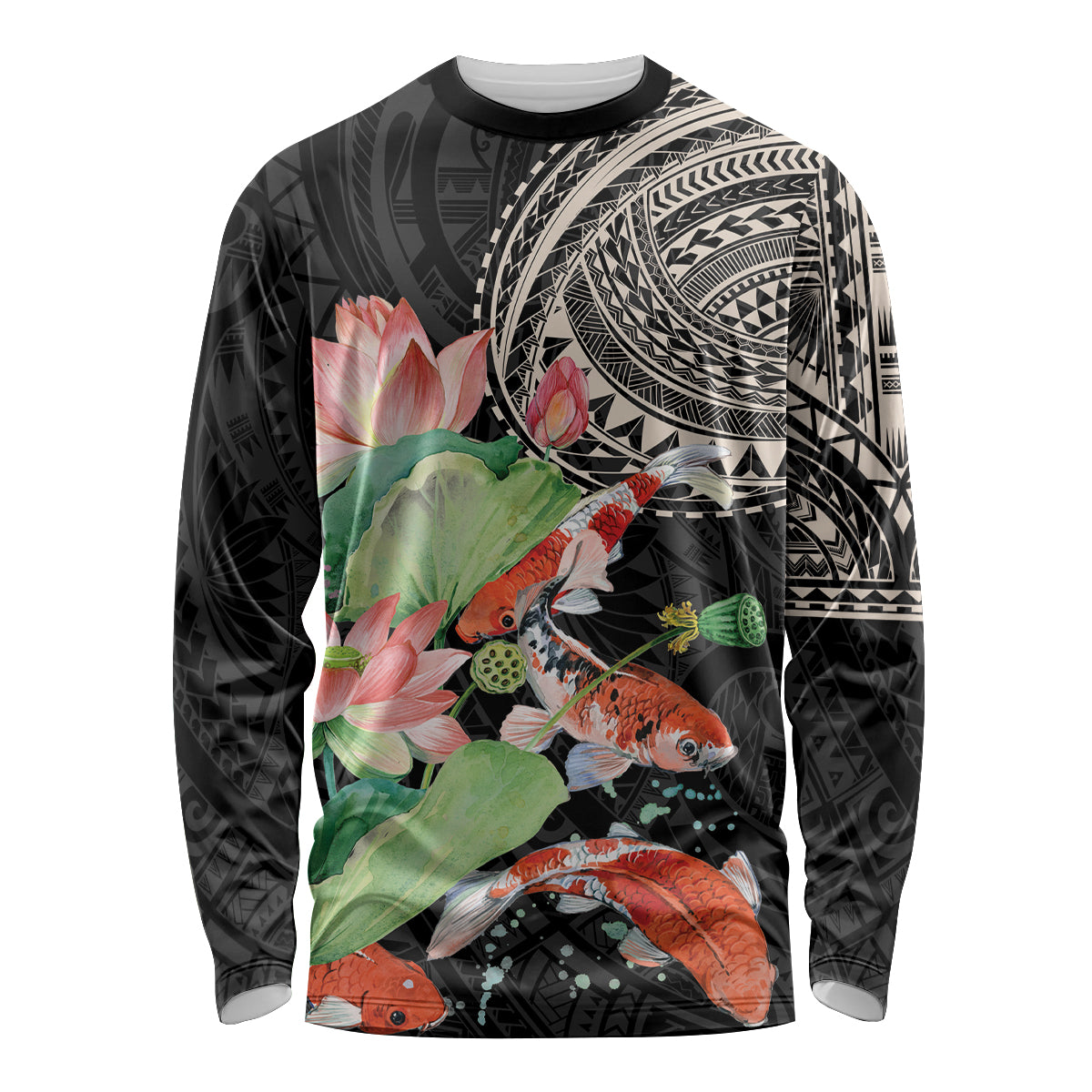 Personalized Japanese Koi Fish Long Sleeve Shirt with Polynesian Pattern LT9 Unisex Black - Polynesian Pride