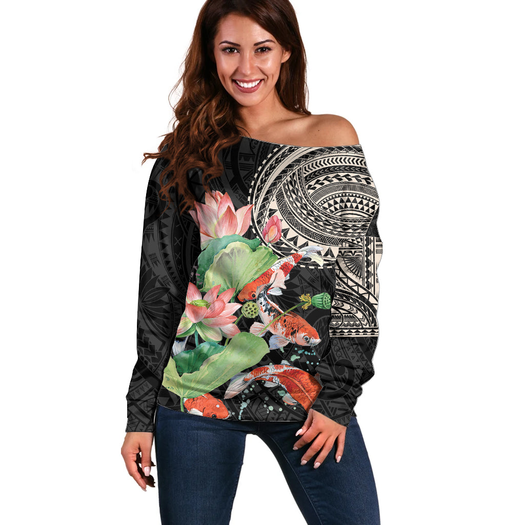 Personalized Japanese Koi Fish Off Shoulder Sweater with Polynesian Pattern LT9 Women Black - Polynesian Pride