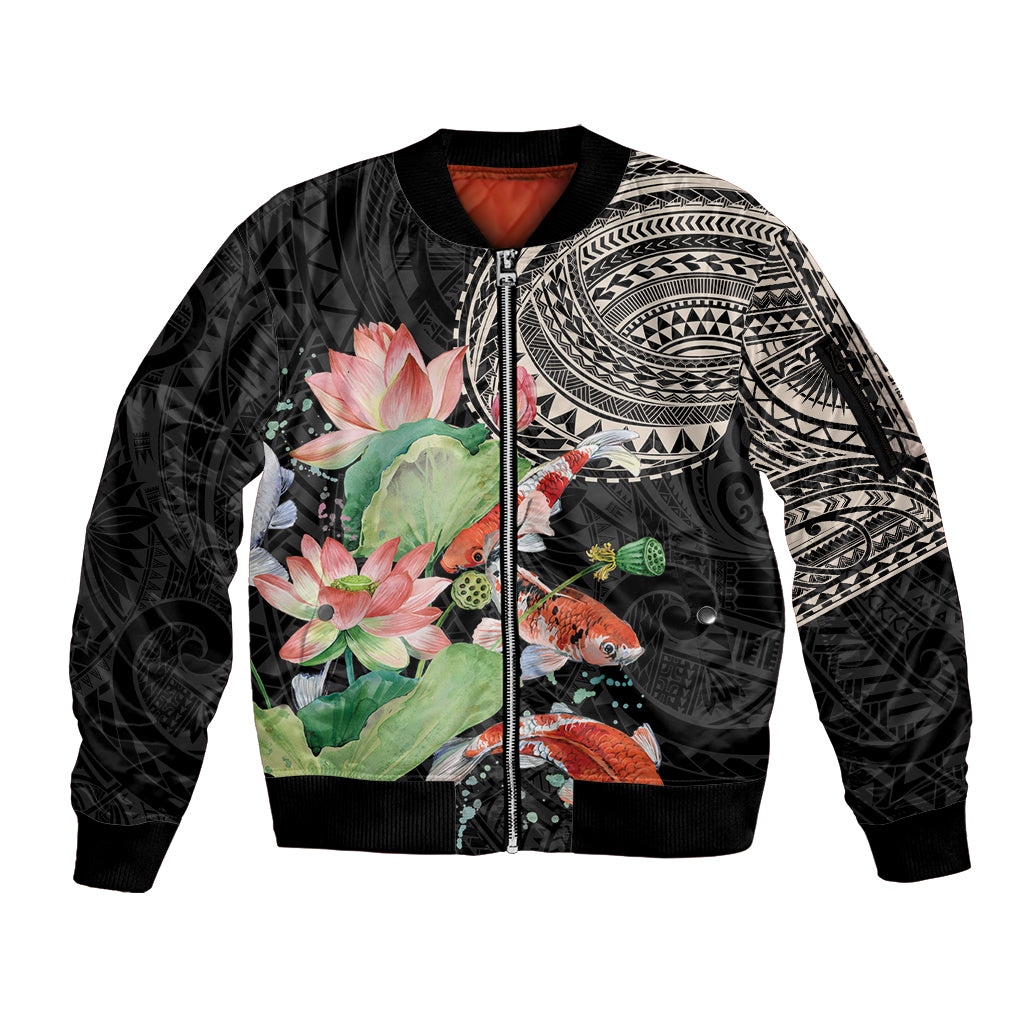 Personalized Japanese Koi Fish Sleeve Zip Bomber Jacket with Polynesian Pattern