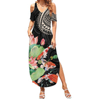 Personalized Japanese Koi Fish Summer Maxi Dress with Polynesian Pattern