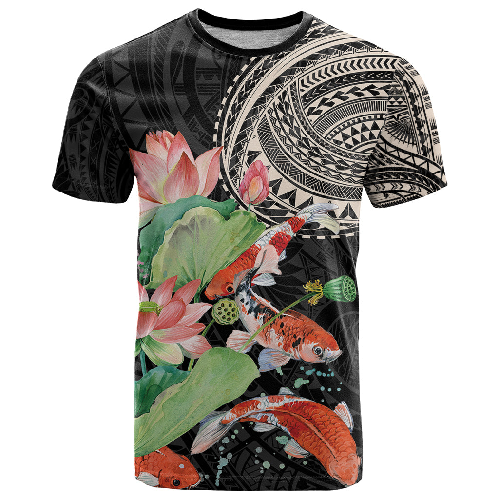Personalized Japanese Koi Fish T Shirt with Polynesian Pattern LT9 Black - Polynesian Pride
