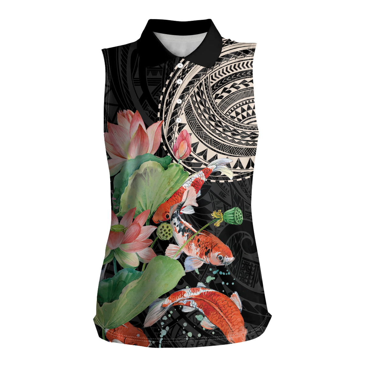 Personalized Japanese Koi Fish Women Sleeveless Polo Shirt with Polynesian Pattern LT9 Female Black - Polynesian Pride
