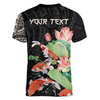 Personalized Japanese Koi Fish Women V-Neck T-Shirt with Polynesian Pattern