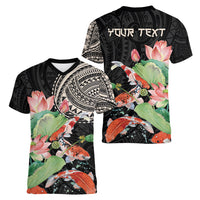 Personalized Japanese Koi Fish Women V-Neck T-Shirt with Polynesian Pattern