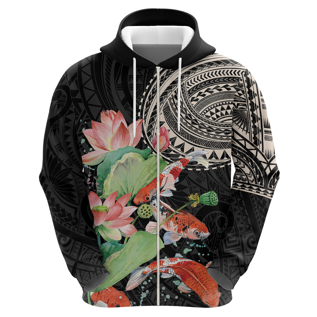 Personalized Japanese Koi Fish Zip Hoodie with Polynesian Pattern