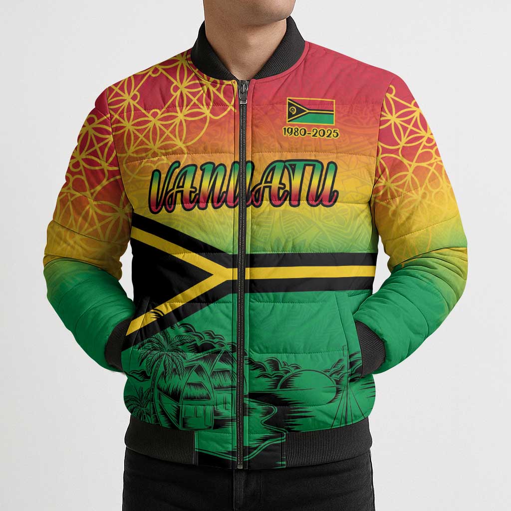 Hapi 45th Indipendens Dei Vanuatu Bomber Puffer Jacket Yumi 1980 with Vanuatuan Beach Landscape - Polynesian Pride