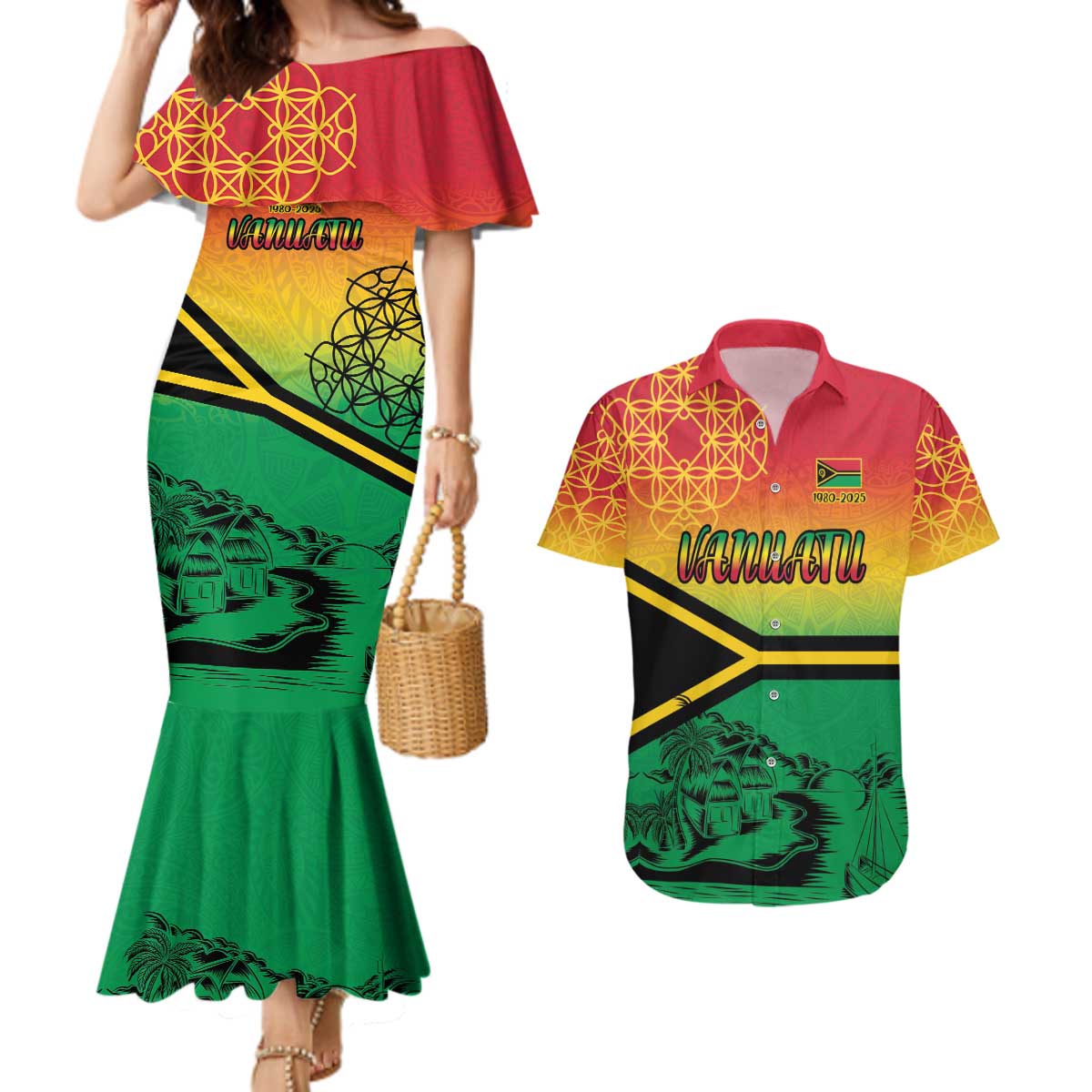 Hapi 45th Indipendens Dei Vanuatu Couples Matching Mermaid Dress and Hawaiian Shirt Yumi 1980 with Vanuatuan Beach Landscape