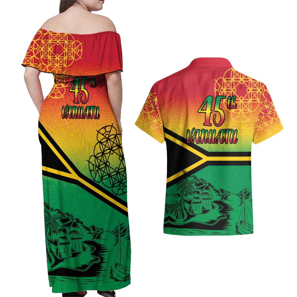 Hapi 45th Indipendens Dei Vanuatu Couples Matching Off Shoulder Maxi Dress and Hawaiian Shirt Yumi 1980 with Vanuatuan Beach Landscape