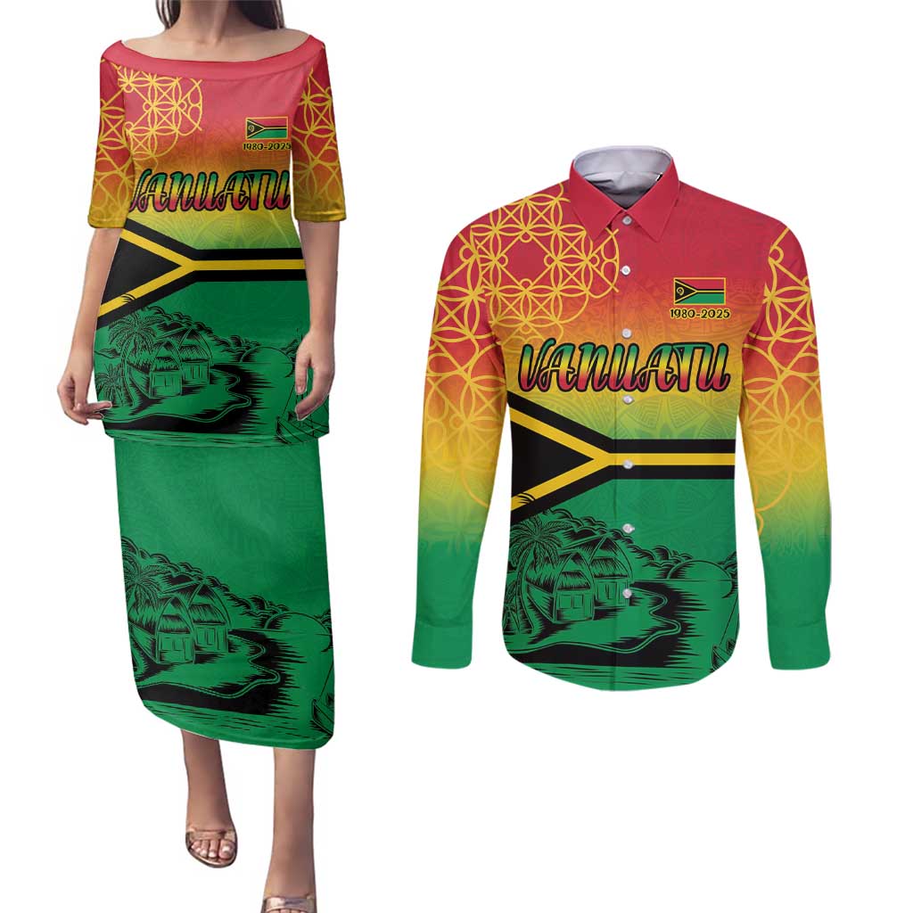Hapi 45th Indipendens Dei Vanuatu Couples Matching Puletasi and Long Sleeve Button Shirt Yumi 1980 with Vanuatuan Beach Landscape
