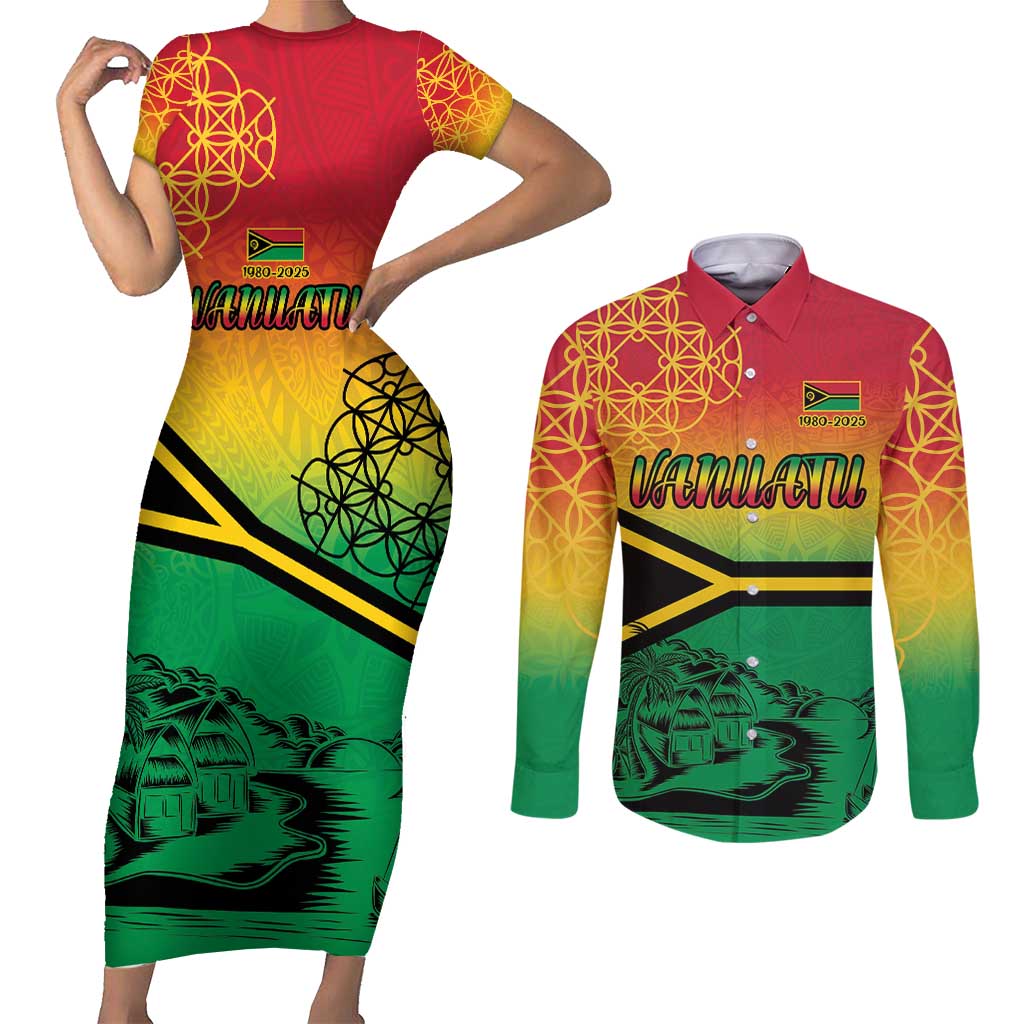 Hapi 45th Indipendens Dei Vanuatu Couples Matching Short Sleeve Bodycon Dress and Long Sleeve Button Shirt Yumi 1980 with Vanuatuan Beach Landscape