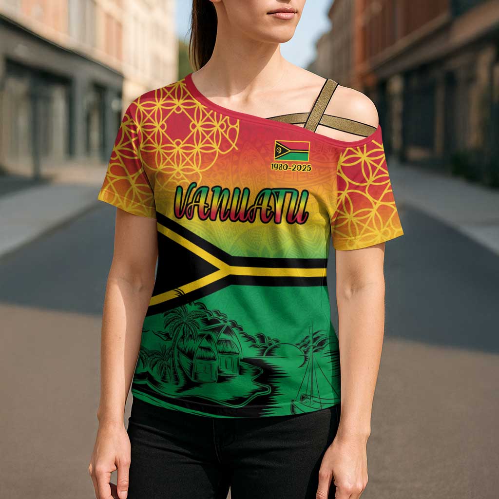 Hapi 45th Indipendens Dei Vanuatu Cross Shoulder Shirt Yumi 1980 with Vanuatuan Beach Landscape - Polynesian Pride