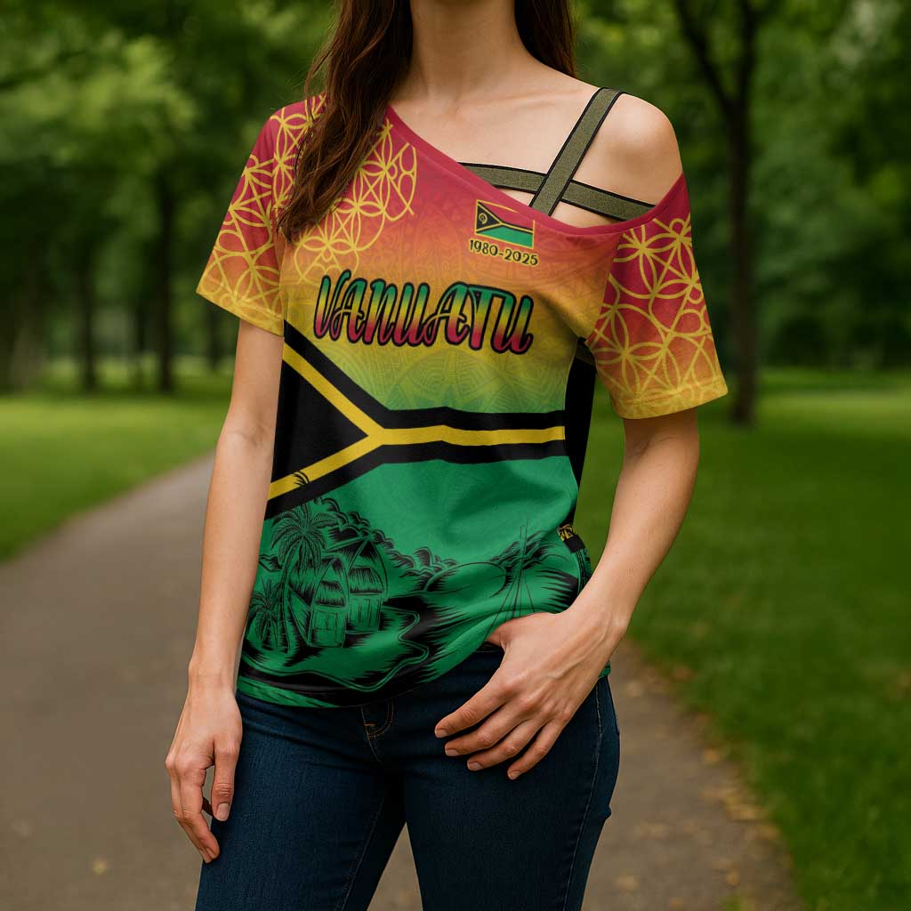 Hapi 45th Indipendens Dei Vanuatu Cross Shoulder Shirt Yumi 1980 with Vanuatuan Beach Landscape - Polynesian Pride
