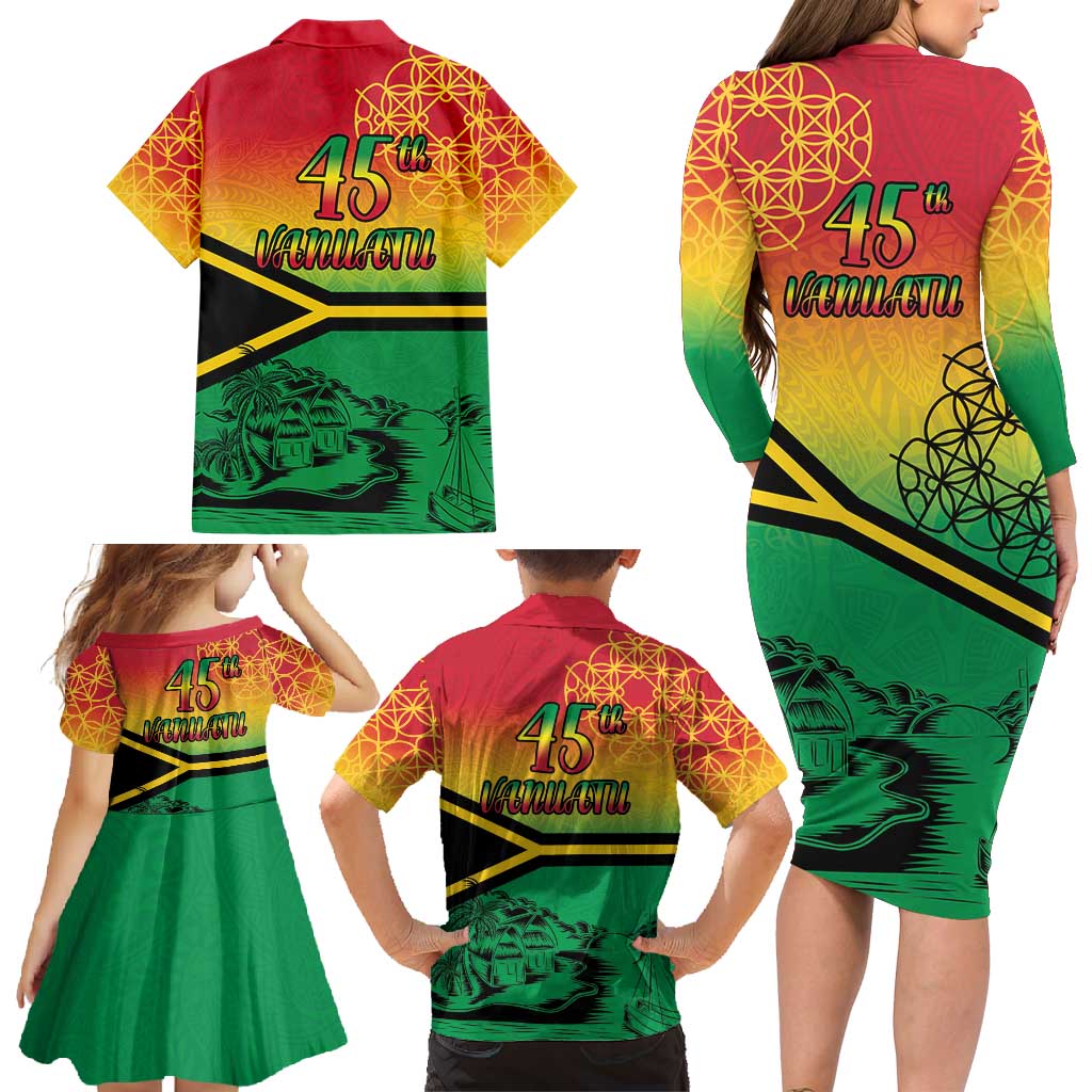 Hapi 45th Indipendens Dei Vanuatu Family Matching Long Sleeve Bodycon Dress and Hawaiian Shirt Yumi 1980 with Vanuatuan Beach Landscape