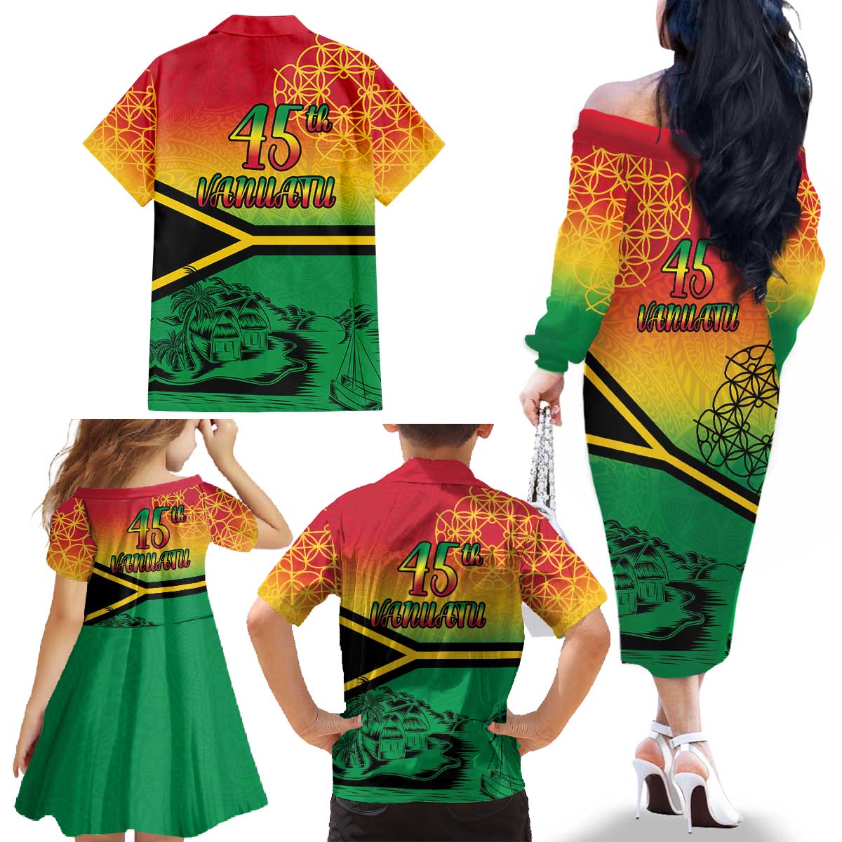 Hapi 45th Indipendens Dei Vanuatu Family Matching Off The Shoulder Long Sleeve Dress and Hawaiian Shirt Yumi 1980 with Vanuatuan Beach Landscape